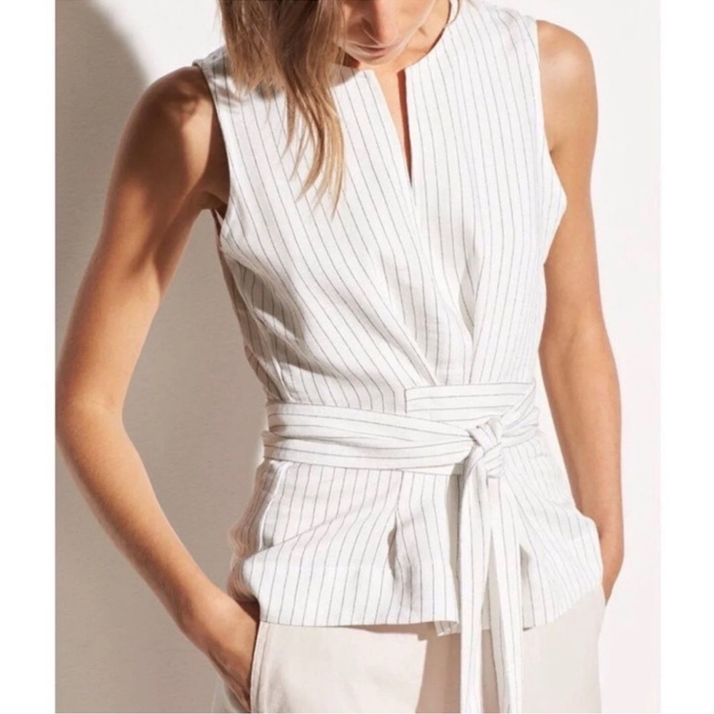 Vince White Pinstripe Sleeveless Wrap Blouse